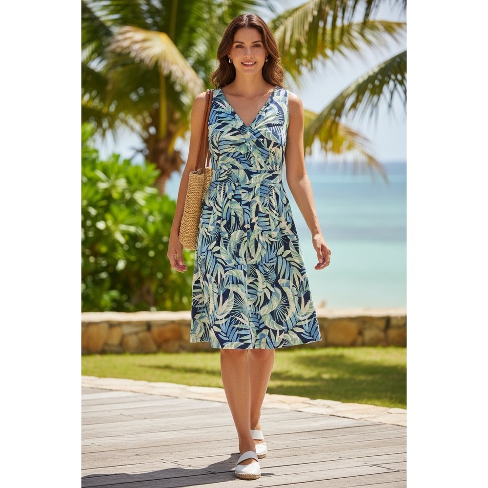 Lands End Womens Tropical Palm Leaf Sleeveless Fit and Flare Dress Blue Green‎ S